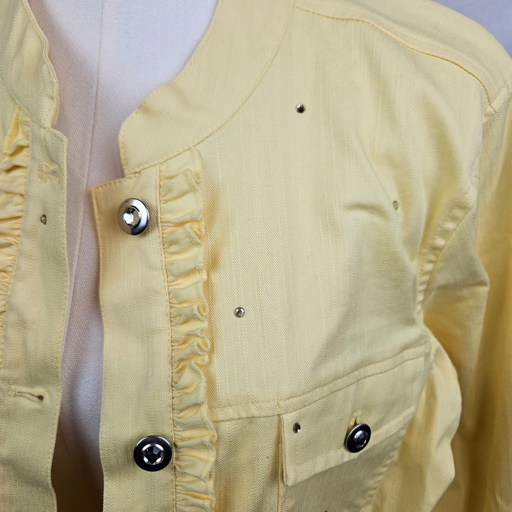 Quaker Factory Yellow Rhinestone Ruffle Denim Jacket M‎ Maximalist Rockabilly - Picture 3 of 8